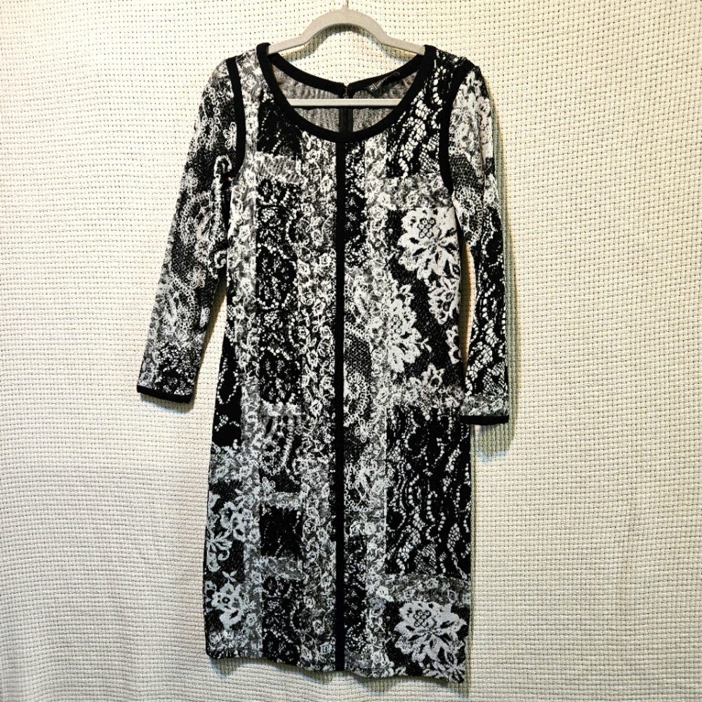 Adrianna Papell Sz 10 Black and White Long Sleeve Sheath Dress
